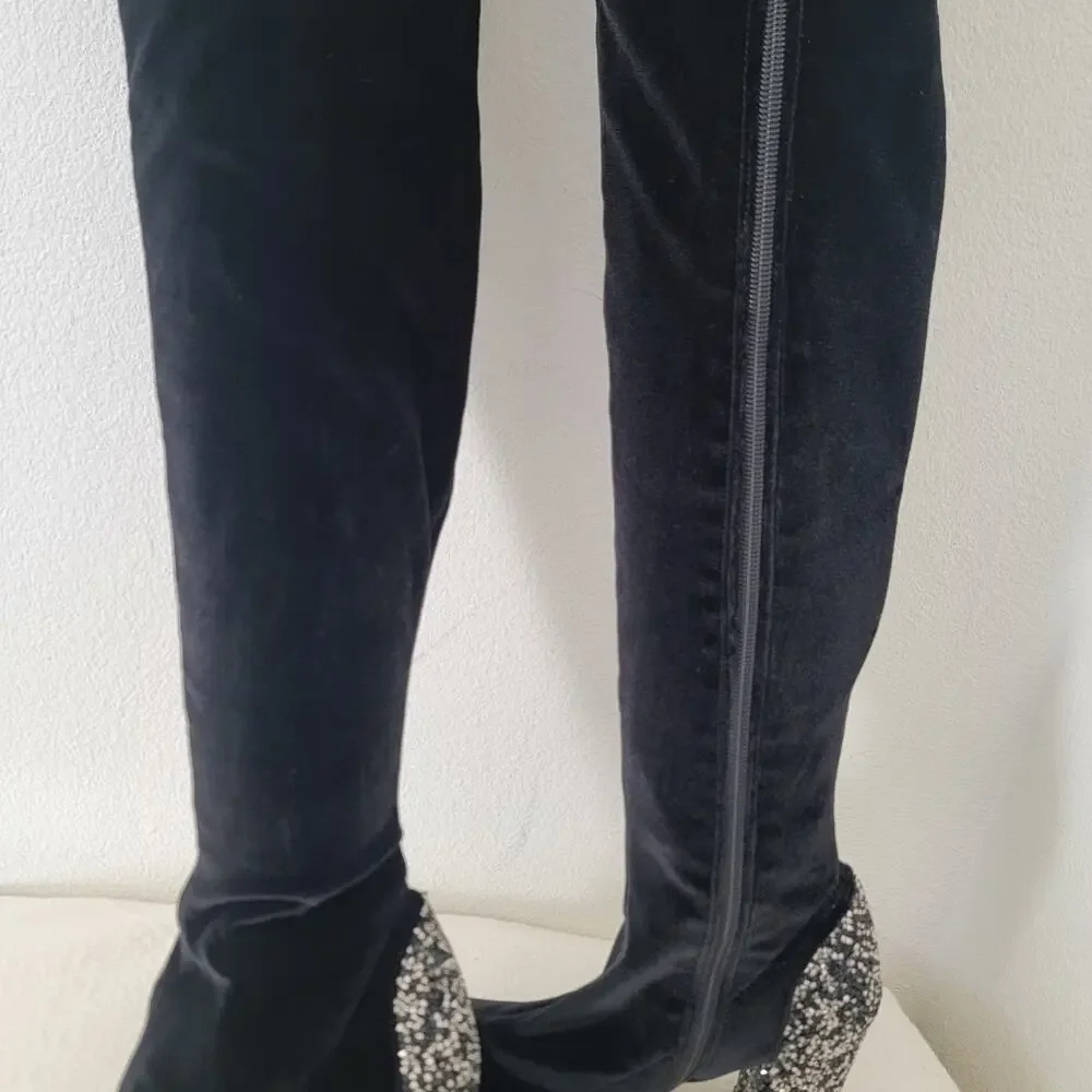 Over the‎ Knee Boot Zip Glittery Block Heel Velvet Sz 7 Whimsygoth Party Concert